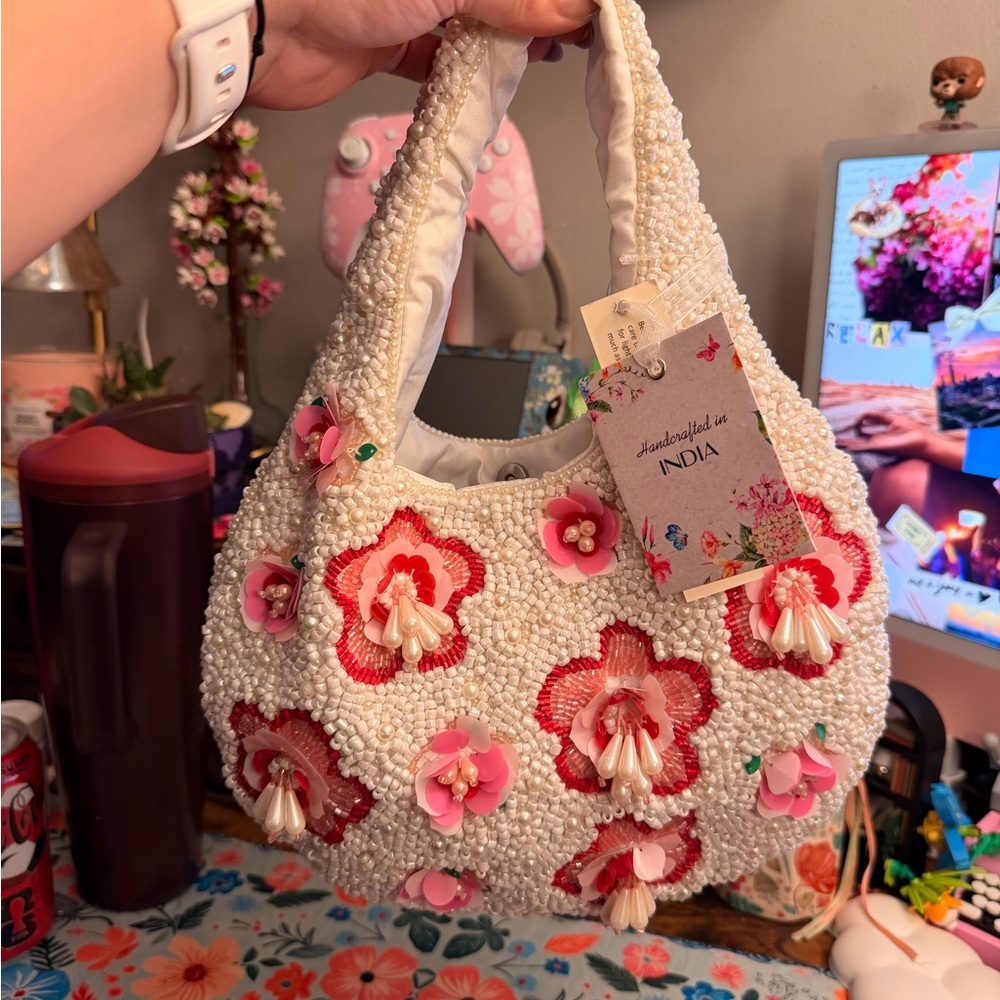 Floral Embellished White and Red Handbag